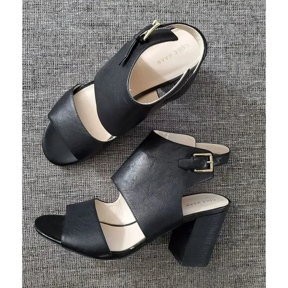 $228 Women's Cole‎ Haan Black Leather Open Toe Ankle Strap Heels US Size 10 B